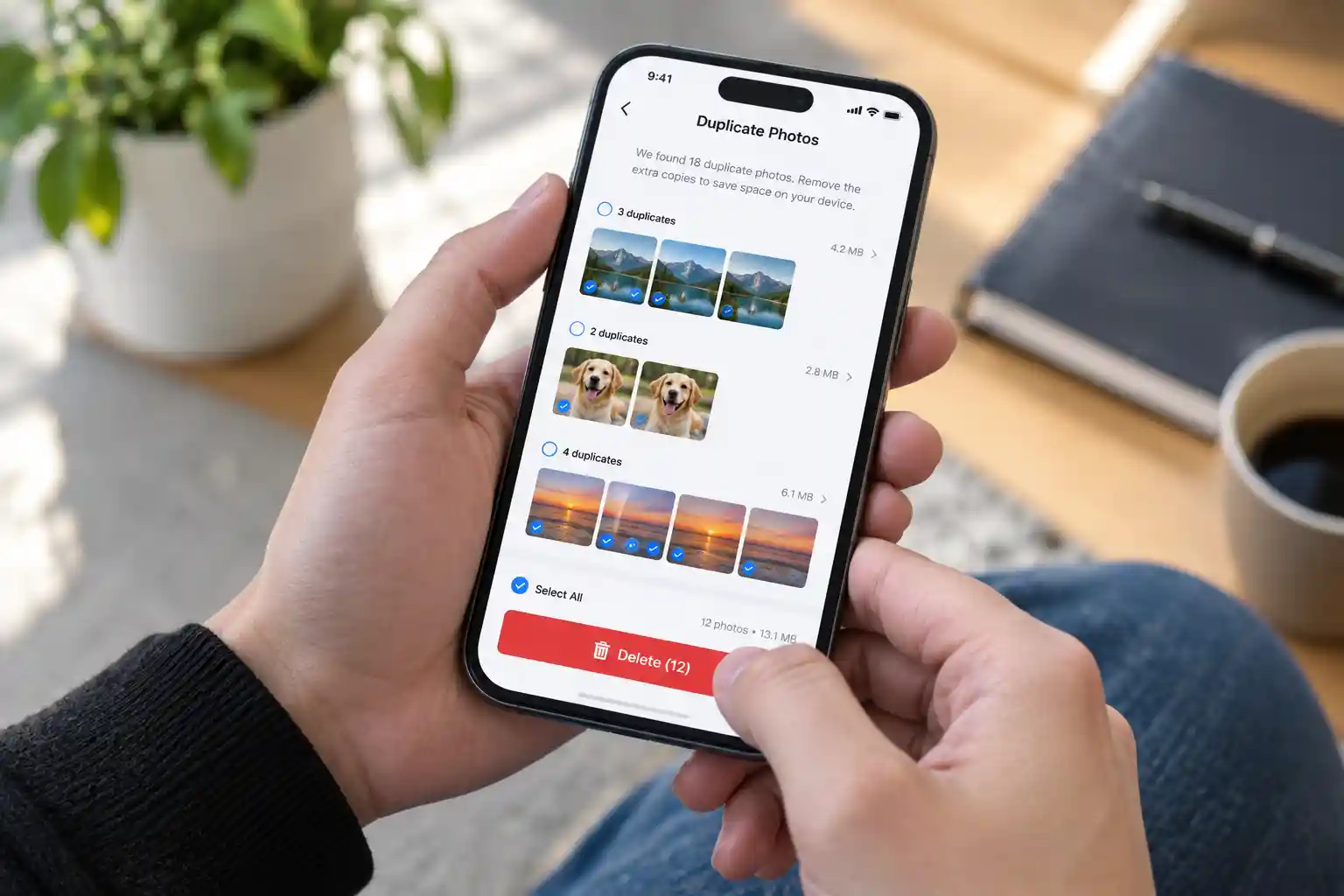 Person cleaning up phone gallery to free storage space for new photos and videos